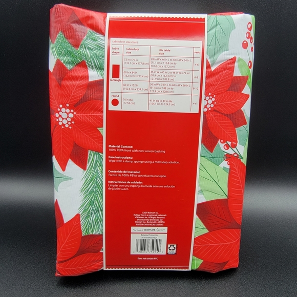 Poinsettia PEVA Vinyl Tablecloth 60 x 84 inch Rectangle Holiday Time Christmas - Picture 6 of 9